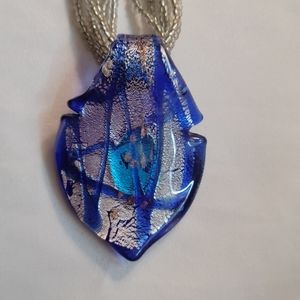 Vintage Six Strand Beaded Blue and Silver Glass Pendant Necklace